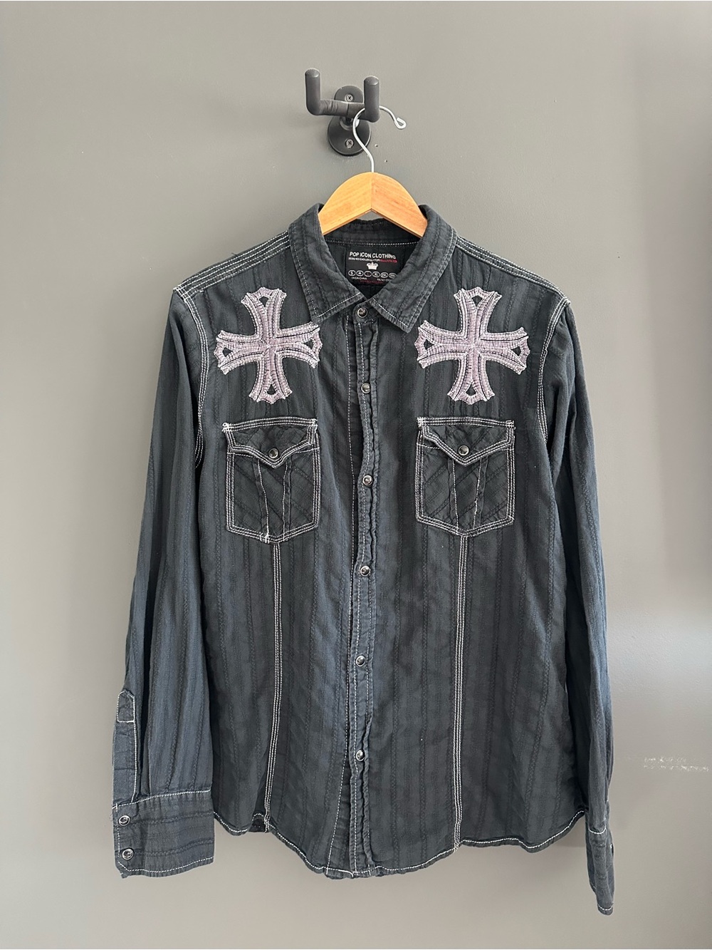 POP ICON CLOTHING Men's Black Button-Down Shirt with White Cross Embroidery